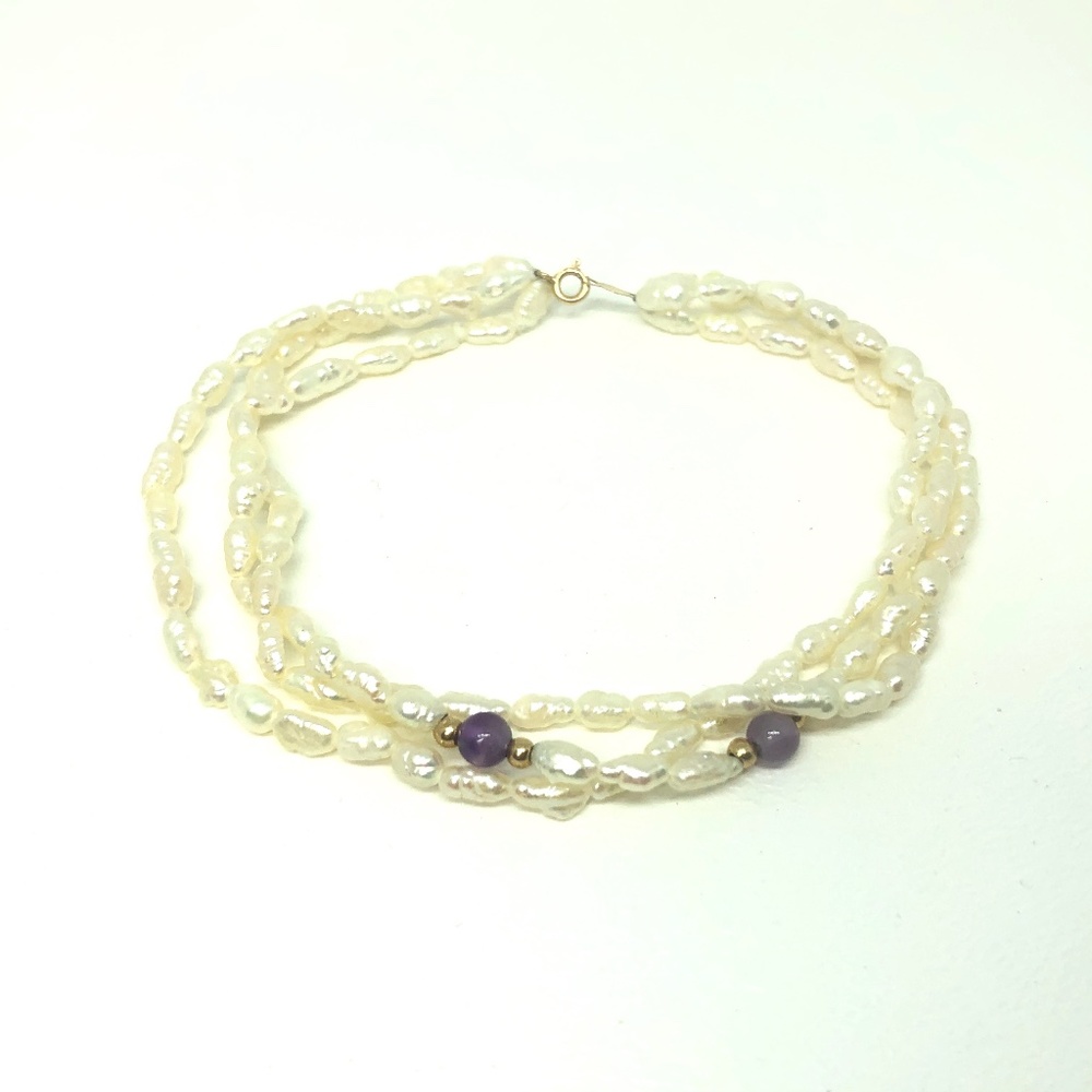 70s Baroque Rice Pearl 14k Gold Amethyst Bracelet